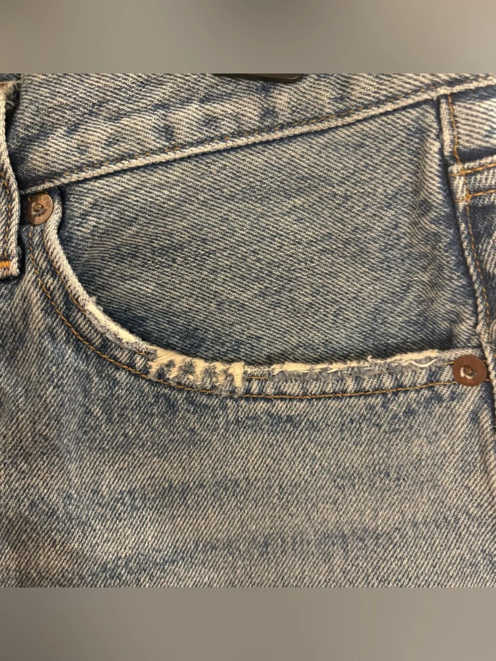 Agolde Parker Long Distressed Blue Denim Shorts Made from Organic Cotton